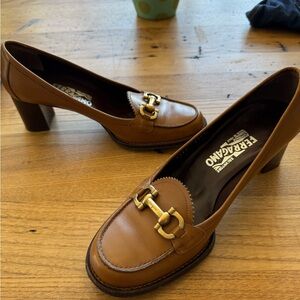 VIntage Salvatore Ferragamo Tan Leather Horsebit Block Heel Loafers